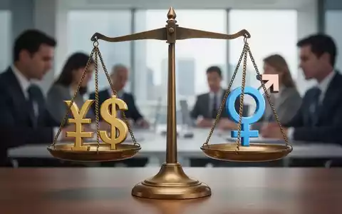 Eine Waage, die Lohngerechtigkeit und Gleichstellung der Geschlechter symbolisiert, mit verschwommenen Büroarbeitern im Hintergrund. - Foto: über boerse-global.de