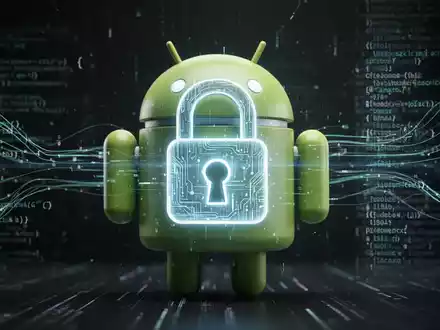 A stylized Android robot head with a glowing digital lock icon, representing mobile security and data privacy. - Foto: über boerse-global.de