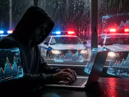 A shadowy figure in a hoodie types on a laptop, surrounded by digital financial graphs and distant police sirens. - Foto: über boerse-global.de