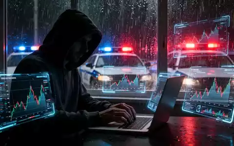A shadowy figure in a hoodie types on a laptop, surrounded by digital financial graphs and distant police sirens. - Foto: über boerse-global.de