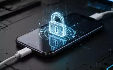 A smartphone connected to a USB cable, with a glowing digital lock icon on its screen, symbolizing a hardware security vulnerability. - Foto: über boerse-global.de