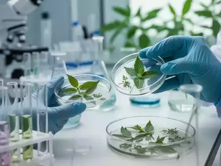Nahaufnahme von Wissenschaftlerhänden, die in einem Labor Reagenzgläser und Petrischalen mit Pflanzenextrakten handhaben. - Foto: über boerse-global.de
