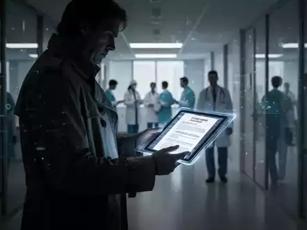 Eine schattenhafte Figur in einem Trenchcoat hält ein leuchtendes Tablet mit geheimen Dokumenten in einem dunklen Büroflur. - Foto: über boerse-global.de