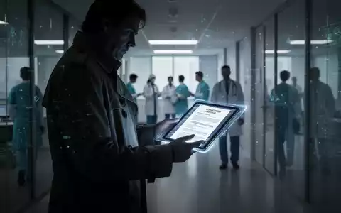 Eine schattenhafte Figur in einem Trenchcoat hält ein leuchtendes Tablet mit geheimen Dokumenten in einem dunklen Büroflur. - Foto: über boerse-global.de