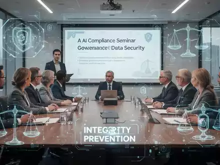 Eine Gruppe von Fachleuten nimmt an einem Compliance-Seminar teil, mit digitalen Elementen, die KI-Governance und Datensicherheit andeuten. - Foto: über boerse-global.de