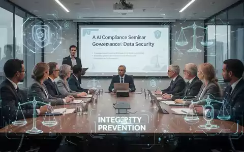 Eine Gruppe von Fachleuten nimmt an einem Compliance-Seminar teil, mit digitalen Elementen, die KI-Governance und Datensicherheit andeuten. - Foto: über boerse-global.de