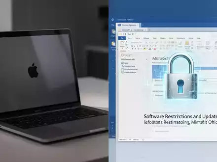 Ein geteiltes Bild mit einem Apple MacBook und einer Microsoft Office-Anwendungsoberfläche, überlagert mit einem digitalen Schloss-Symbol. - Foto: über boerse-global.de