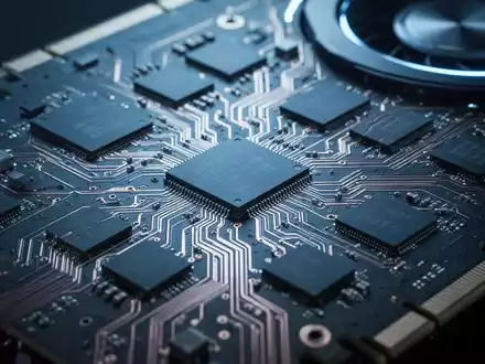 A close-up of a graphics card's circuit board, showing memory chips and complex wiring, illuminated by cool blue light. - Foto: über boerse-global.de