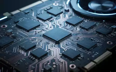 A close-up of a graphics card's circuit board, showing memory chips and complex wiring, illuminated by cool blue light. - Foto: über boerse-global.de