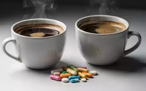 Eine Tasse Kaffee steht neben verschiedenen Nahrungsergänzungsmitteln. Das Bild beleuchtet die Wechselwirkungen von Kaffee und Supplements. - Foto: über boerse-global.de