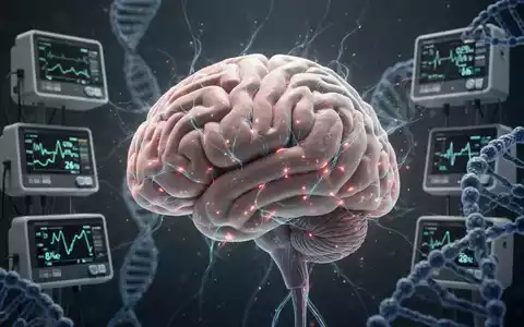 Ein stilisiertes Gehirn mit leuchtenden Nervenbahnen, umgeben von Blutdruckmessgeräten und DNA-Doppelhelix-Strängen. - Foto: über boerse-global.de
