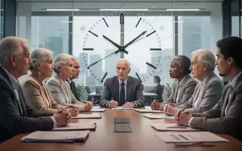 Ältere und jüngere Menschen sitzen an einem Tisch und diskutieren ernsthaft, im Hintergrund eine Uhr, die auf die Anhebung des Pensionsalters hinweist. - Foto: über boerse-global.de