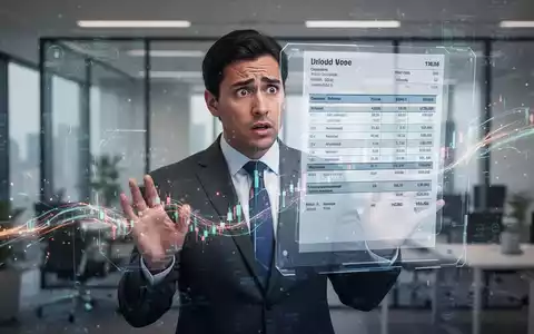 Ein verwirrter Geschäftsmann betrachtet eine komplexe digitale Rechnung auf einem transparenten Bildschirm, umgeben von Datenströmen. - Foto: über boerse-global.de