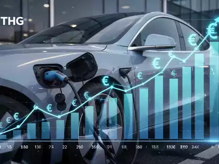 Ein Elektrofahrzeug wird geladen, mit einer digitalen Anzeige von Finanzgrafiken und Euro-Symbolen, die THG-Quoten-Zahlungen darstellen. - Foto: über boerse-global.de