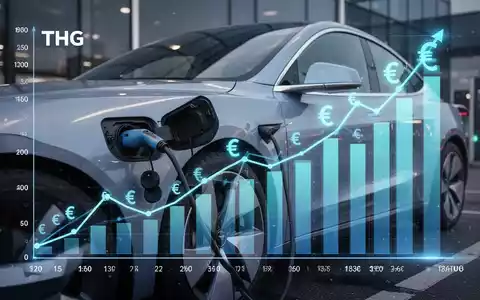 Ein Elektrofahrzeug wird geladen, mit einer digitalen Anzeige von Finanzgrafiken und Euro-Symbolen, die THG-Quoten-Zahlungen darstellen. - Foto: über boerse-global.de