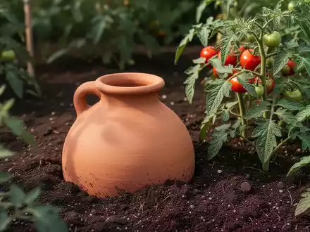 Ein vergrabener Tontopf neben einer Tomatenpflanze in einem Garten, der minimalistische Bewässerung symbolisiert. - Foto: über boerse-global.de