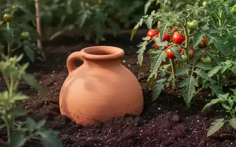 Ein vergrabener Tontopf neben einer Tomatenpflanze in einem Garten, der minimalistische Bewässerung symbolisiert. - Foto: über boerse-global.de