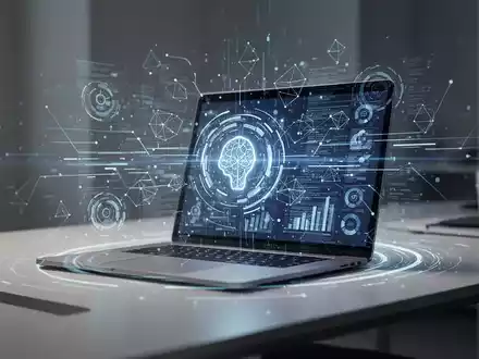 A futuristic desk setup with a laptop displaying a holographic interface of interconnected digital streams, symbolizing AI-driven productivity and workflow automation. - Foto: über boerse-global.de