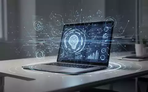 A futuristic desk setup with a laptop displaying a holographic interface of interconnected digital streams, symbolizing AI-driven productivity and workflow automation. - Foto: über boerse-global.de