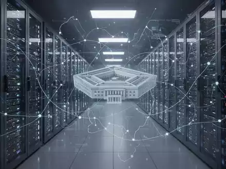 A futuristic data center with glowing server racks, superimposed with abstract digital lines and a faint Pentagon outline. - Foto: über boerse-global.de