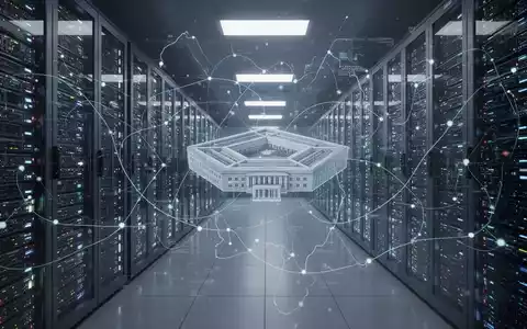 A futuristic data center with glowing server racks, superimposed with abstract digital lines and a faint Pentagon outline. - Foto: über boerse-global.de