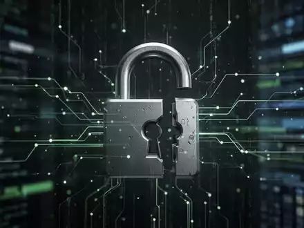 Ein teilweise geöffnetes digitales Vorhängeschloss vor einem verschwommenen Hintergrund aus Datenströmen, das eine Umgehung der Cybersicherheit darstellt. - Foto: über boerse-global.de