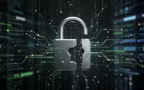 Ein teilweise geöffnetes digitales Vorhängeschloss vor einem verschwommenen Hintergrund aus Datenströmen, das eine Umgehung der Cybersicherheit darstellt. - Foto: über boerse-global.de
