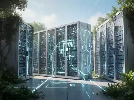Ein modernes, nachhaltiges Rechenzentrum mit leuchtenden Server-Racks und grüner Vegetation, das Netto-Null-Betrieb und Technologie symbolisiert. - Foto: über boerse-global.de