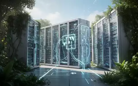 Ein modernes, nachhaltiges Rechenzentrum mit leuchtenden Server-Racks und grüner Vegetation, das Netto-Null-Betrieb und Technologie symbolisiert. - Foto: über boerse-global.de