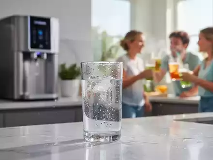 Ein klares Glas Wasser mit Kondensation, im Hintergrund ein modernes Wasserfiltersystem und eine Familie, die Kaltgetränke genießt. - Foto: über boerse-global.de