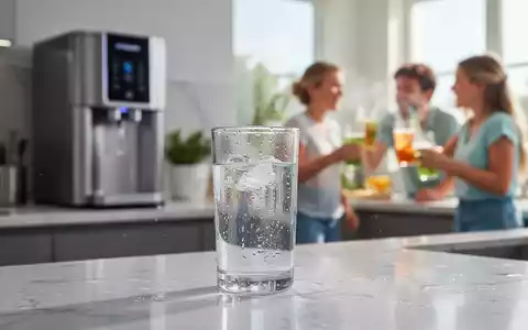 Ein klares Glas Wasser mit Kondensation, im Hintergrund ein modernes Wasserfiltersystem und eine Familie, die Kaltgetränke genießt. - Foto: über boerse-global.de