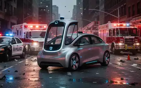 A driverless robotaxi stopped in an urban emergency scene with flashing police, ambulance, and fire truck lights in the background. - Foto: über boerse-global.de