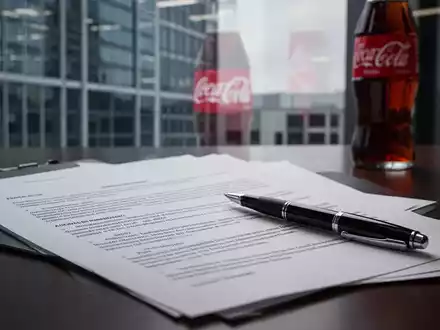 Gerichtsdokumente und ein Stift auf einem Tisch, im Hintergrund verschwommen ein Bürogebäude und ein subtiles Coca-Cola-Logo. - Foto: über boerse-global.de
