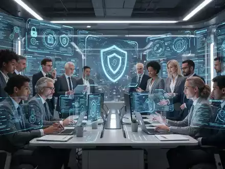 Ein futuristisches Büro mit holografischen Anzeigen, die Daten und Sicherheitsprotokolle darstellen. Ein Team nutzt KI-gestützte HR-Systeme für sicheres Onboarding. - Foto: über boerse-global.de