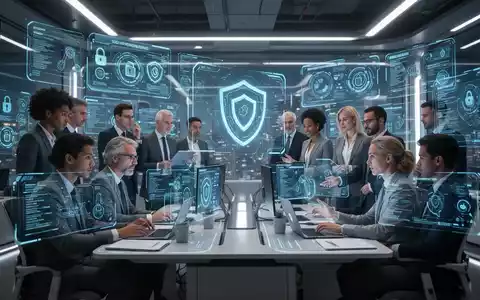 Ein futuristisches Büro mit holografischen Anzeigen, die Daten und Sicherheitsprotokolle darstellen. Ein Team nutzt KI-gestützte HR-Systeme für sicheres Onboarding. - Foto: über boerse-global.de