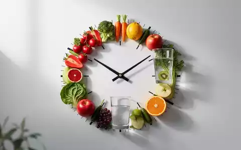 Eine Uhr, die in frische Lebensmittel wie Obst, Gemüse und Wasser integriert ist, symbolisiert zeitlich begrenztes Essen und Wellness. - Foto: über boerse-global.de