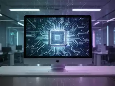 A stylized depiction of a high-performance computer chip or circuit board, representing the advanced M5 Ultra chip within a Mac Studio. - Foto: über boerse-global.de