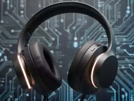 Sleek, modern over-ear headphones with a subtle glow, against a blurred background of abstract digital circuit patterns. - Foto: über boerse-global.de