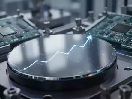 Nahaufnahme einer Halbleiterwafer-Platine mit einer subtilen AufwĂ€rtstrendlinie, im Hintergrund eine moderne Hightech-Produktionsanlage. - Foto: ĂŒber boerse-global.de