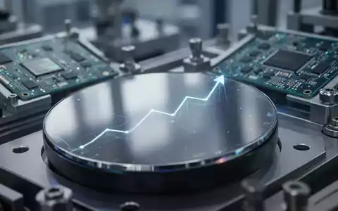 Nahaufnahme einer Halbleiterwafer-Platine mit einer subtilen Aufwärtstrendlinie, im Hintergrund eine moderne Hightech-Produktionsanlage. - Foto: über boerse-global.de
