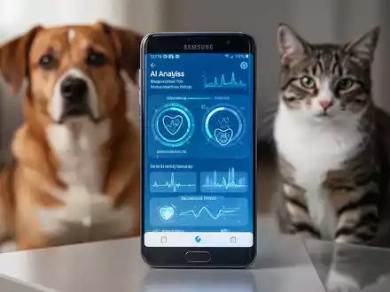 A Samsung Galaxy smartphone displaying a pet health app, with a dog and cat in the background, symbolizing AI-powered pet care. - Foto: über boerse-global.de