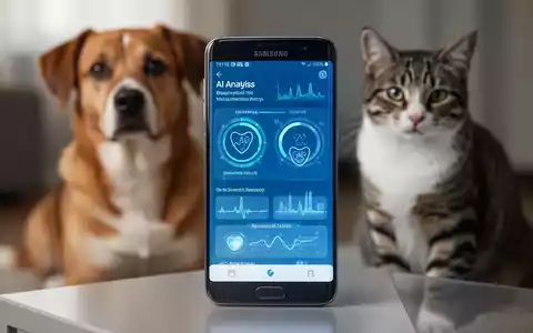 A Samsung Galaxy smartphone displaying a pet health app, with a dog and cat in the background, symbolizing AI-powered pet care. - Foto: über boerse-global.de
