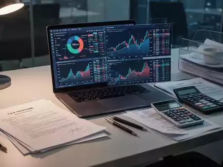 Ein moderner Schreibtisch mit Laptop, Finanzdokumenten und Rechner, der die PrĂ€zision und KomplexitĂ€t des Steuerrechts darstellt. - Foto: ĂŒber boerse-global.de