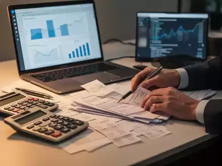 Eine Person sortiert Finanzdokumente und Belege auf einem Schreibtisch, mit einem Laptop und einem Taschenrechner im Hintergrund. - Foto: über boerse-global.de