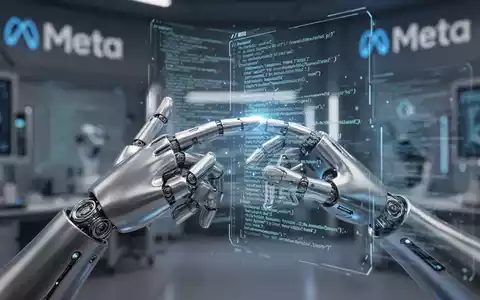 A sophisticated humanoid robot hand touching a glowing digital interface showing lines of code in a futuristic lab. - Foto: über boerse-global.de