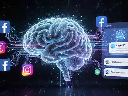 A stylized, glowing neural network brain connected to social media icons and an AI chatbot interface, representing Meta's AI strategy. - Foto: über boerse-global.de