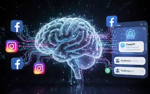 A stylized, glowing neural network brain connected to social media icons and an AI chatbot interface, representing Meta's AI strategy. - Foto: über boerse-global.de