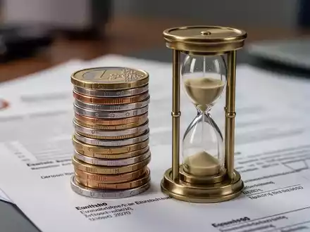 Nahaufnahme eines Stapels Euro-Münzen neben einer kleinen Sanduhr, die Zeit und Finanzen symbolisiert, mit unscharfem Bürohintergrund. - Foto: über boerse-global.de