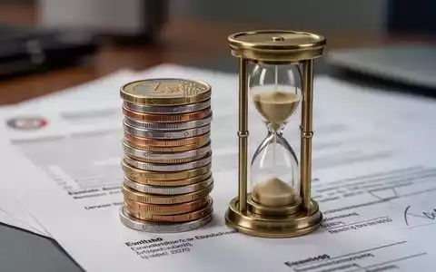 Nahaufnahme eines Stapels Euro-Münzen neben einer kleinen Sanduhr, die Zeit und Finanzen symbolisiert, mit unscharfem Bürohintergrund. - Foto: über boerse-global.de