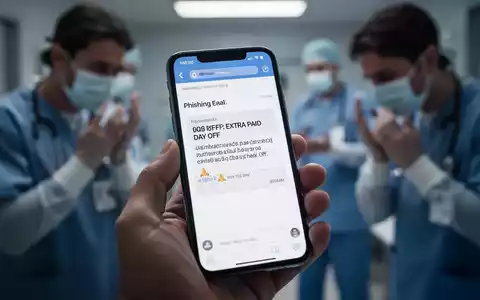 A hand holds a smartphone displaying a deceptive phishing email offering a paid day off, with blurred, stressed healthcare workers in the background. - Foto: über boerse-global.de